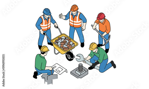 Isometric Construction Team Working with Tools and Equipment