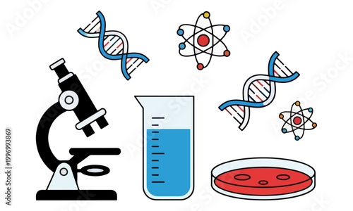 Science laboratory icons set with microscope beaker and dna