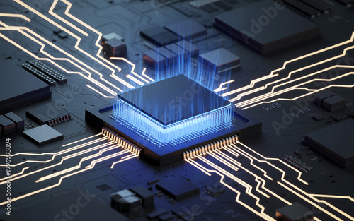 Advanced computer processor chip on motherboard with glowing blue light emitting from central core connecting to intricate circuits, symbolizing high performance computing power.