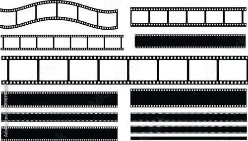 Collection of black and white movie film strip vector illustrations featuring various frames curved borders and blank cinematic tapes for video production and photography design.
