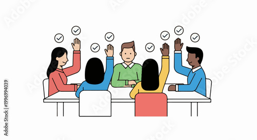 Diverse team members sitting around a table raising their hands to show unanimous agreement during an important corporate meeting session