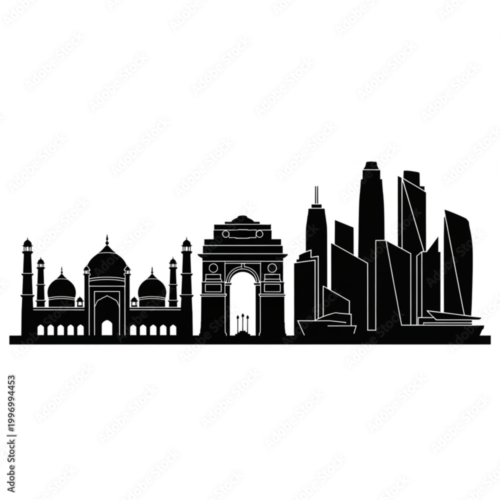Fototapeta premium A black silhouette vector graphic of the New Delhi skyline with famous landmarks like the Taj Mahal and India Gate