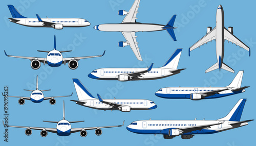 A set of airplane illustrations showing commercial jets in white with blue accents, displayed from multiple angles against a light blue background.