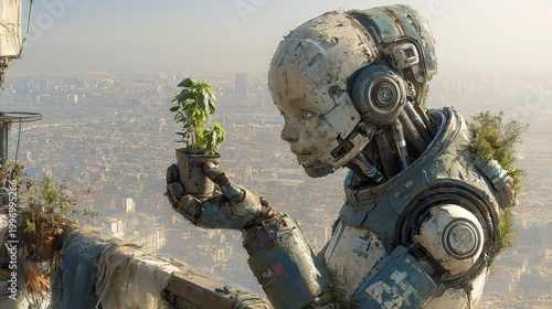 Robot holding a plant with city background