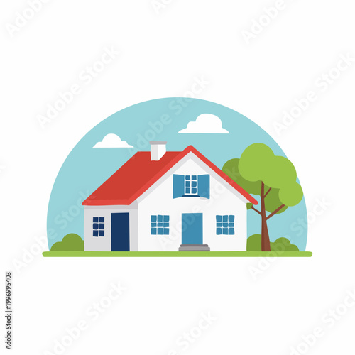 Illustration of a detached house with a red roof and blue shutters