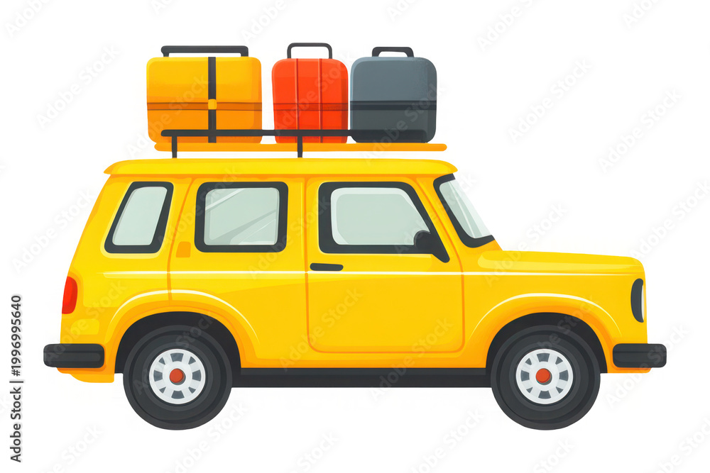 Naklejka premium Yellow vintage car with stacked luggage on roof isolated on transparent background