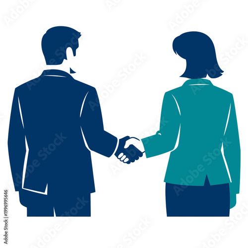 A minimalist graphic of two faceless business professionals shaking hands