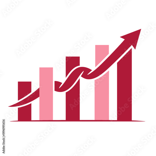 Sleek 2D illustration of a large upward-trending arrow weaving through tall abstract geometric pillars