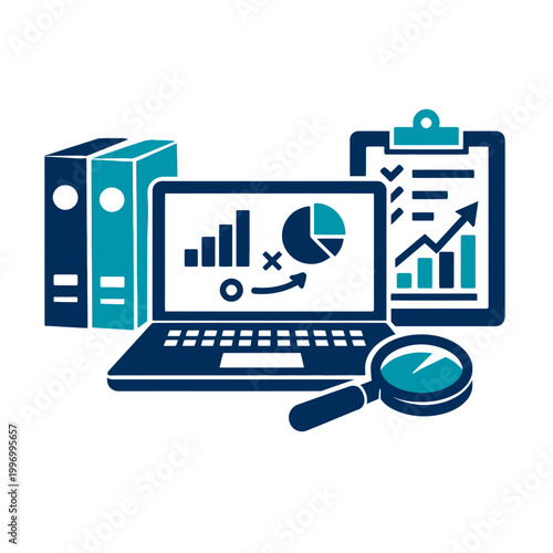 Flat vector design of a professional workstation featuring a laptop, document folders