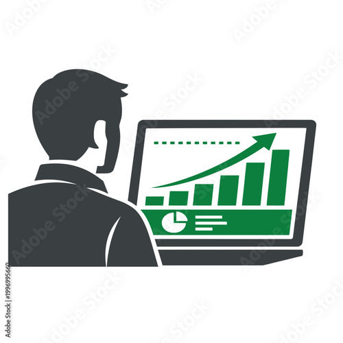 Flat vector design of a faceless office worker analyzing a rising growth chart on a laptop screen