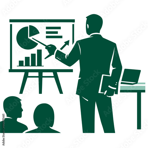 Stylized duotone vector 2D illustration of a faceless executive giving a professional presentation