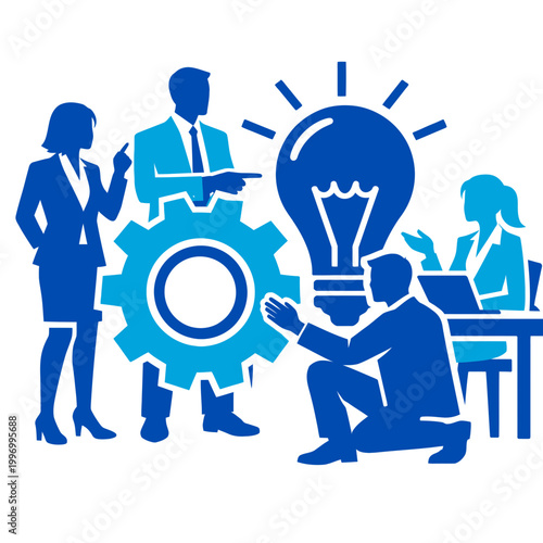 Heavy duotone vector 2D illustration of faceless business professionals collaborating around a large gear and lightbulb icon