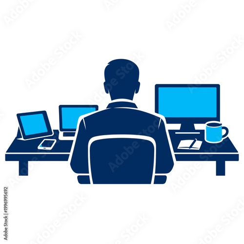 Duotone vector illustration featuring a faceless businessman viewed from the back at a modern desk