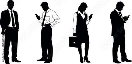 Professional business people silhouettes standing together while using smartphones and mobile devices for communication and work in office environment vector.