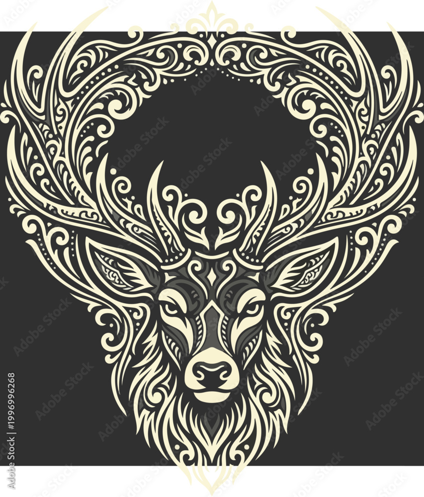 Fototapeta premium Intricate Ornate Deer Head Illustration with Tribal Swirls.