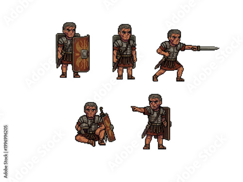 pixel art character spritesheet of a veteran roman legionary soldier featuring idle, combat, shield guard, resting, and commanding officer poses.