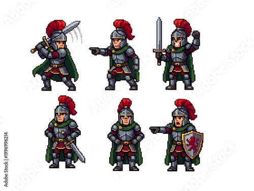 pixel art character spritesheet of a royal commander in ornate silver armor and red plume featuring leadership, sword, and shield poses.