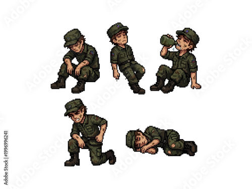 pixel art character spritesheet of a modern military soldier in camouflage gear showing exhaustion, resting, drinking water, and sleeping poses.