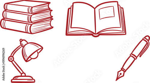 A charming sketch depicts the tools of learning and creativity including books a lamp a pen and an open journal