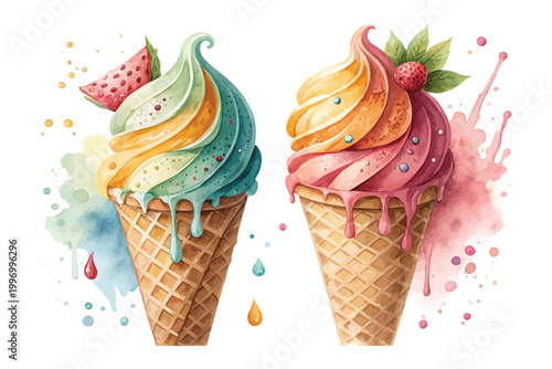 Watercolor Ice Cream Clipart, Sweet Frozen Dessert Illustration, Isolated on White