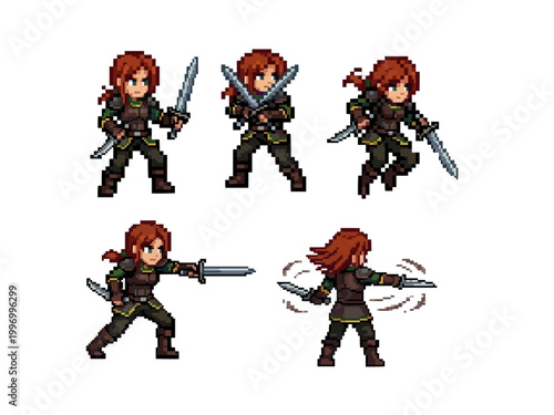 pixel art character spritesheet of a female dual-wielding rogue or assassin performing fast sword slashes, jumping, and spinning attack moves.