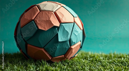 Luxury Teal Layered Paper Art Soccer Ball on Grass, Textured Minimal Sports Background with Copy Space