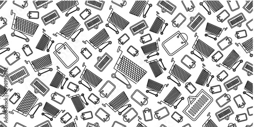 Seamless pattern with shopping bag, shopping cart and shopping basket. Shopping themed seamless pattern background in doodle style.	