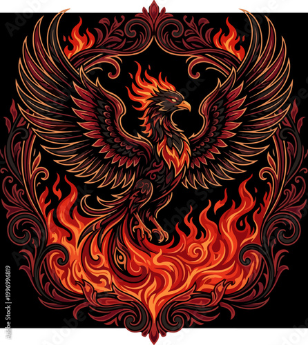 Majestic phoenix bird rising from fire with ornate decorative filigree background.