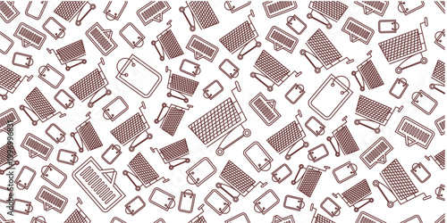Seamless pattern with shopping bag, shopping cart and shopping basket. Shopping themed seamless pattern background in doodle style.	