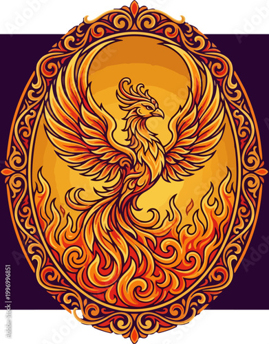 Majestic phoenix bird rising from flames in ornate oval frame.