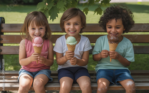 Three Happy Children Eating Ice Cream Cones on Park Bench in Summer – Diverse Kids Enjoying Frozen Treats Outdoors