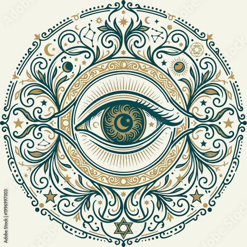 Mystical All Seeing Eye Ornament with Celestial Floral Mandala Elements.