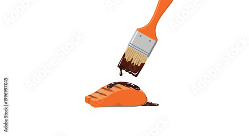 A vibrant orange basting brush meticulously applies a rich dark brown glaze to a perfectly grilled salmon fillet against a minimalist white background.