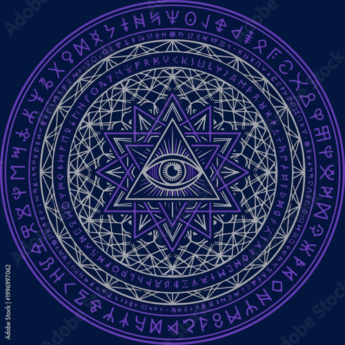 Mystical Eye of Providence inside Sacred Geometry Mandala with Runes.