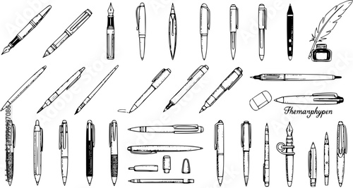 Photos Diverse Collection of Hand-Drawn Pens and Writing Instruments for Design