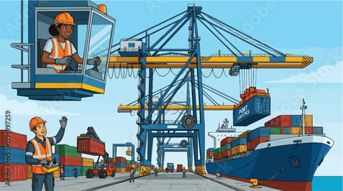 Diverse team of workers operating heavy machinery and loading shipping containers onto a large cargo ship at a bustling port logistics terminal