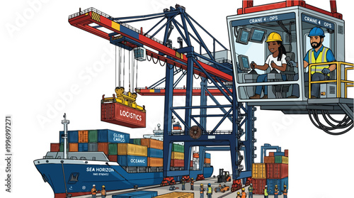 Modern Container Ship Port Scene with Gantry Crane Operators Working and Cargo Being Loaded by Logistics Workers in a Busy Industrial Harbor