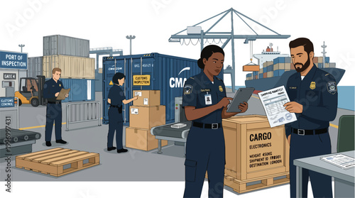 Customs officers inspect cargo and shipping manifests at a busy port of inspection with containers, a ship, and a forklift, illustrating international trade and border control operations.