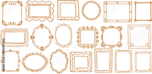 Hand drawn border frame set, cute doodle sketch collection, golden outline shapes, perfect for journal, scrapbook, wedding, card, and stationery design.