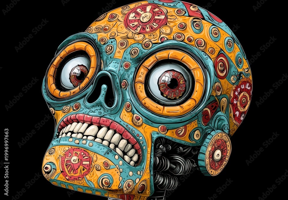 Fototapeta premium Whimsical Teal and Orange Floral Skull Digital Art