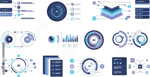 Artificial intelligence infographic elements vector set with data charts, neural networks, dashboard components and digital technology visuals