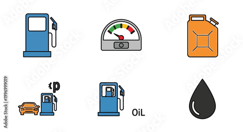 Gasoline icons depicting fuel pumps gauges containers and related elements