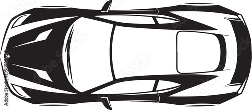 Top view of a sports car, black and white vector illustration, automobile design, car silhouette