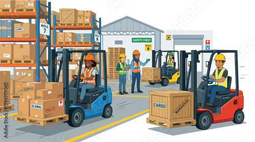 Diverse warehouse workers operating forklifts and managing cargo in a busy industrial logistics distribution center with safety first signage