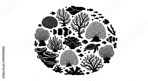 Black and white coral reef illustration.