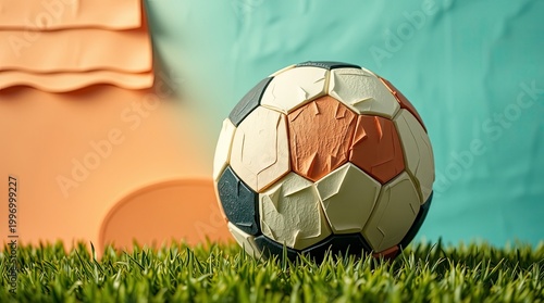 Textured Papier-Mâché Soccer Ball with Terracotta and Teal Tones, Minimal Artistic Sports Background