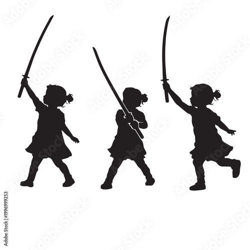 Black vector illustration featuring silhouettes of a medieval warrior with a sword and an archer with a bow and arrow targeting a person in a fight