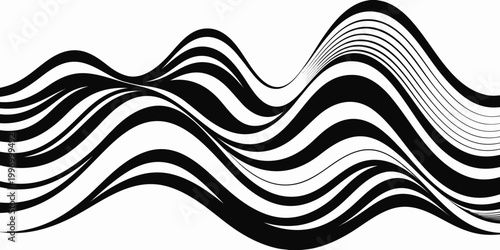 A bold black-and-white illustration of ocean waves made from thick, flowing lines and overlapping crests. The stylized spirals and sweeping curves create a dynamic, abstract sense of motion.