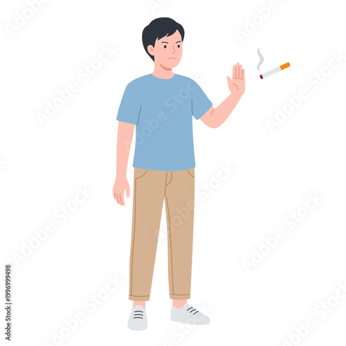 Smoking Stop Illustration Man Raises Hand to a Cigarette
