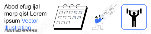 Productivity, communication, fitness goals, scheduling, voice broadcasting, organization. A calendar, a person speaking with sound waves and a weightlifting icon. Scheduling and communication